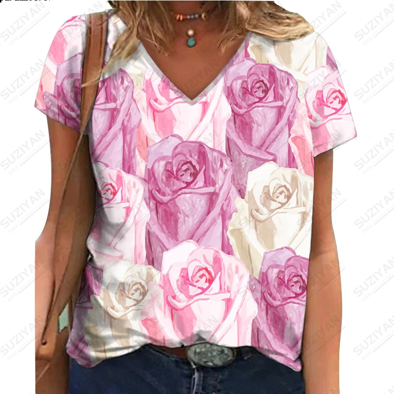 2023 Moterų Vasarą Naujų Trumpas Rankovės Spalvinga Gėlių 3D Skaitmeninis Spausdinimas T-shirt Karšto Pardavimo Moterų V-kaklo Atsitiktinis Priemiestinių Viršų