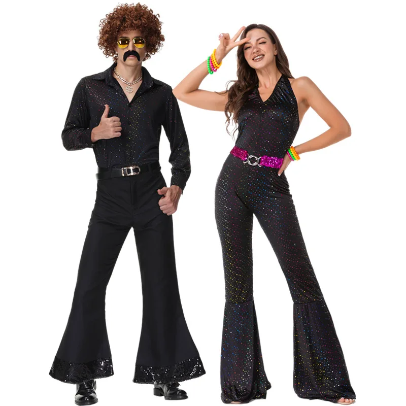 70-ųjų Disco Pora Kostiumas Helovyno Cosplay Kostiumai, Vintage 80's Hipiai Kostiumas Vyrams, Moterims Muzikos Festivalis Šalis Komplektai