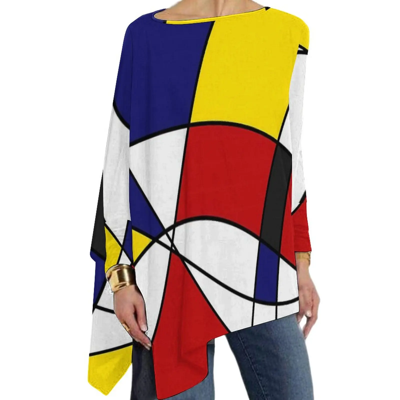 De Stijl Marškinėliai Mondrian Ir Gaus Juokinga Long Sleeve T-Shirts Moteris Atsitiktinis Negabaritinių Marškinėlius Modelis Viršūnės