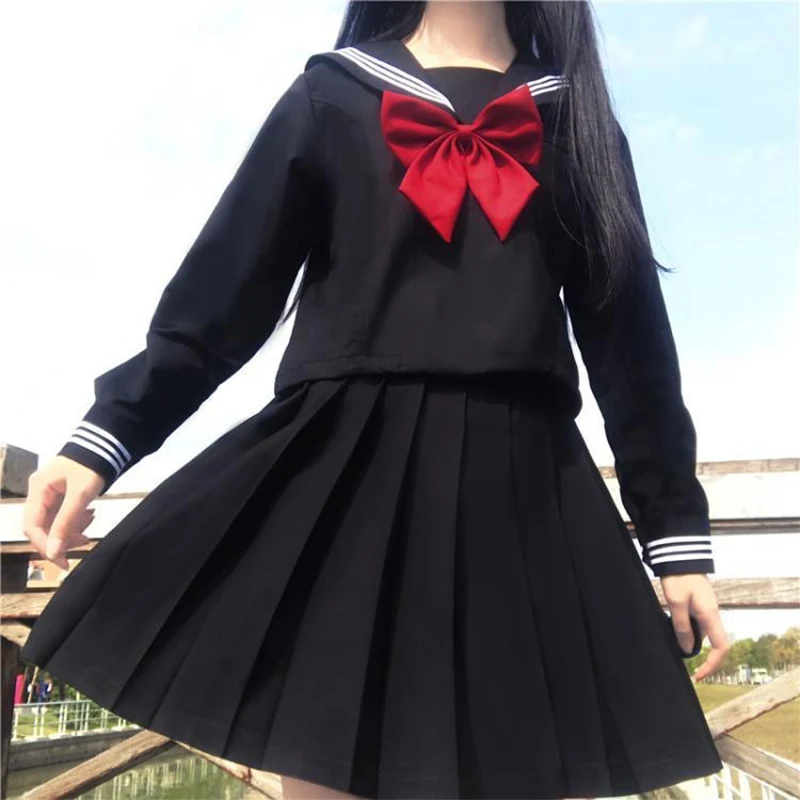 Japonų Mokyklos Uniformos Stiliaus S-3xl Studentų Merginos karinio jūrų Laivyno Kostiumas Moterims, Sexy Black JK Kostiumas Sailor Palaidinė Klostuotas Sijonas Rinkinys