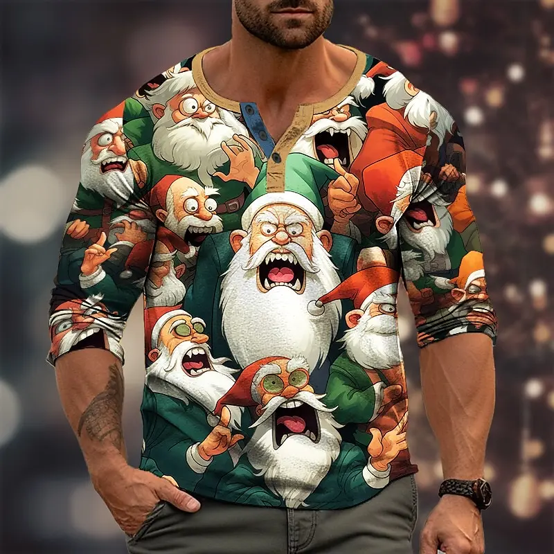 Kalėdų T-Shirt Vyrams Mygtuką Medvilnės Marškinėliai Kalėdų Skrybėlę Grafikos Spausdinimo Long Sleeve Tee Negabaritinių vyriški Drabužiai Viršūnės
