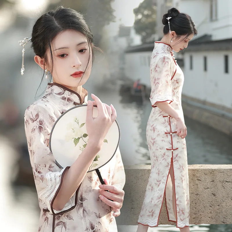 Kinijos Retro Stiliaus Qipao Vasaros Pagerėjo Mandarinų Apykaklės Cheongsam Moterų 2023 Šiuolaikinių Drabužių Vestidos