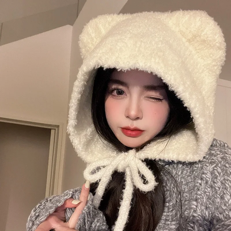 Korėjos Meška Ausis megzti Žiemos Beanies Skrybėlę Mielas Pliušinis Šiltas Nėriniai-iki Ausų Apsaugos Vilnonių Bombonešis Bžūp Kepuraitės Mezgimo Moterų Gorro