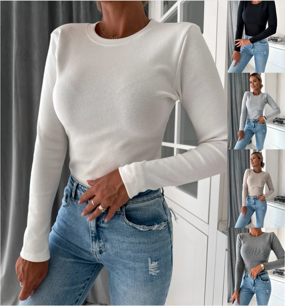 Moterų Rudenį ir Žiemą Paprasta vientisos Spalvos Apvalios Kaklo Naujas ilgomis rankovėmis Megztinis Viršuje Ponios Atsitiktinis Slim Derliaus Apačioje Marškinėliai
