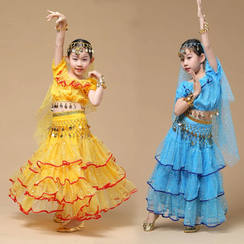 Vaikų Pilvo Šokio Kostiumas Vaikų Indijos Stiliaus Cirkonio Paillette Kutas Šokio Kostiumai Mergina Šokėja Apranga su Mantilla 16
